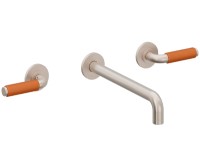 Long Spout 2 Handle Wall Sink Faucet, Orange Porcelain Post Handles