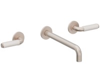 Long Spout 2 Handle Wall Sink Faucet, White Porcelain Post Handles