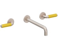 Long Spout 2 Handle Wall Sink Faucet, Yellow Porcelain Post Handles