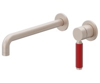 Long Spout, 2 Hole, Red Handle Wall Faucet