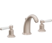 White Lever Handles, White Index Buttons, Curving Spout, Widespread Faucet