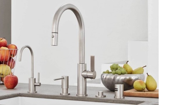 Contemporary Curving Spout, Pull Down Kitchen Faucet with Push Button Trigger, Blade Handle