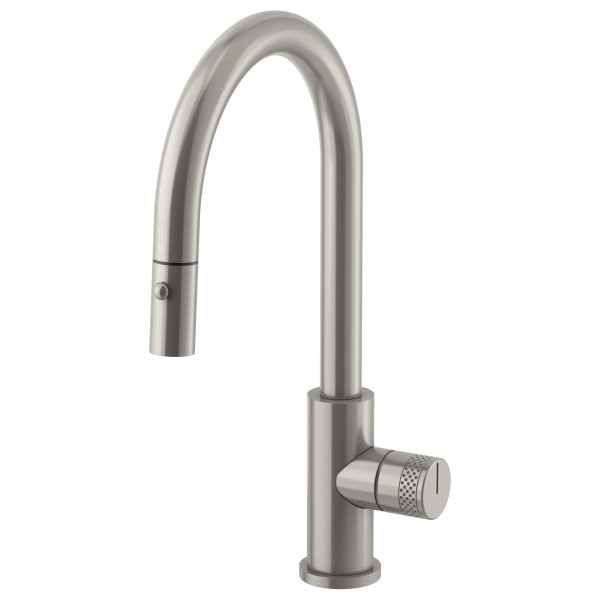 Low Curving Spout, Pull-down Spray, Dotted Knob
