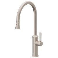 Curving Spout, Button Pull-down Spray, White Porcelain Lever Handle