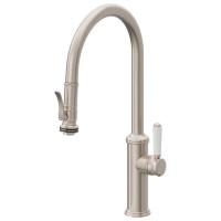 Curving Spout, Trigger Pull-down Spray, White Porcelain Lever Handle