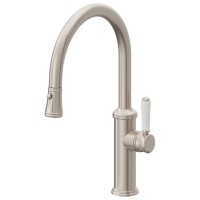 Low Curving Spout, Button Pull-down Spray, White Porcelain Lever Handle