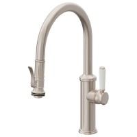 Low Curving Spout, Trigger Pull-down Spray, White Porcelain Lever Handle
