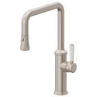 Squared Quad Spout, Button Pull-down Spray, White Porcelain Lever Handle