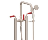 Traditional Squared Spout, Color Lever Handles, 2 Leg Freestanding Tub Filler with Handshower