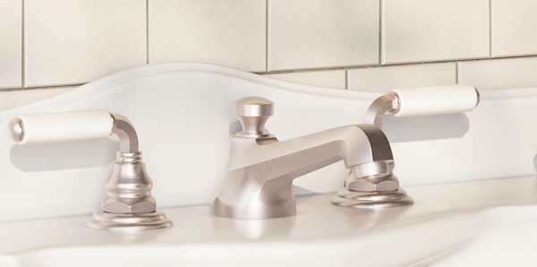 Del Mar Widespread Sink Faucet with White Porcelain Handles