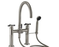 Tall Curving Spout, Bridge Style Tub Filler, Carbon Fiber Cross Handles