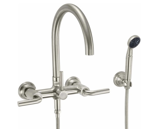 Arching Wall Faucet with Hand Shower, Smooth Lever Handle