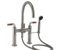 Curving Spout Bridge Deck Faucet, Teak Lever Handle