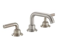 Widespread sink faucet with tubular spout, textured lever handles