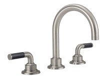 Widespread sink faucet with tubular spout, black textured handles