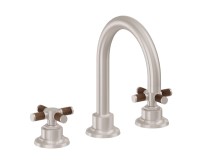 Widespread Faucet with High Curving Spout, Teak Cross Handles