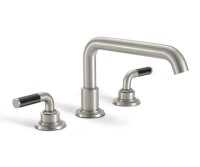 Tub faucet with squared tubular spout, black textured handles