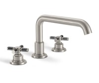 Tub faucet with squared tubular spout, black textured cross handles