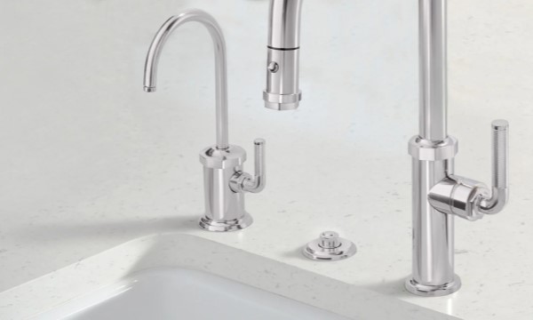 Industrial Design, Curving Spout, Pull Down Kitchen Faucet with Push Button Trigger, Knurl Handle