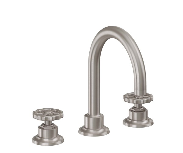 Widespread Sink Faucet, Curving Spout, Metal Wheel Handles