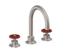 Widespread Sink Faucet, Curving Spout, Red Wheel Handles