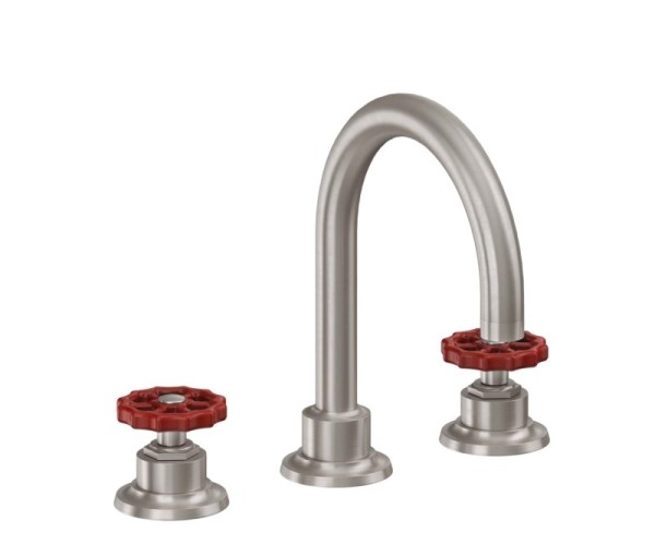 Widespread Sink Faucet, Curving Spout, Red Wheel Handles