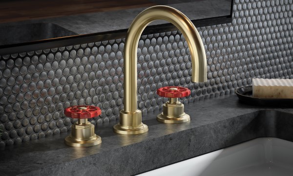 Descanso Works Widespread Sink Faucet, Industrial Design, Red Wheel Handles