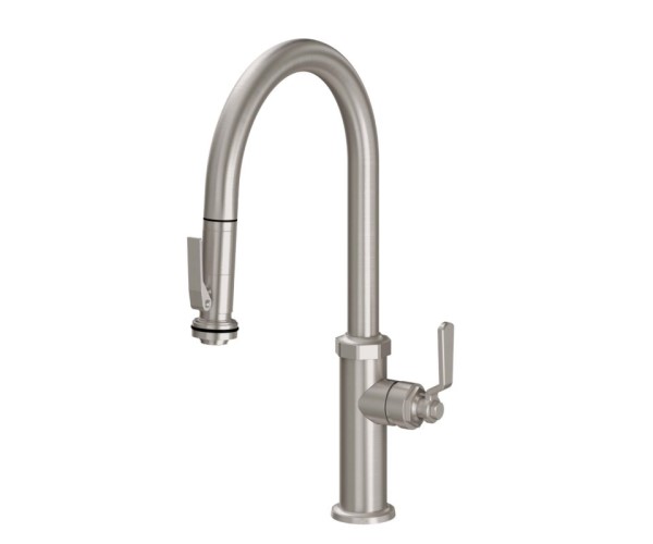 Curving Spout, Pull-down Spray with Squeeze Trigger Control, Industrial Lever Handle