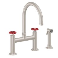 Red Wheel Bridge Faucet, Arch Spout, Side Spray