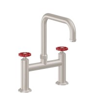 Red Wheel Handle Bridge Faucet, Squared Spout