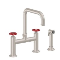Red Wheel Handle Bridge Faucet, Squared Spout, Side Spray