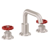Tub Faucet with Squared Tubular Spout, Red Wheel Handles