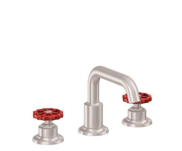 Tub Faucet with Squared Tubular Spout, Red Wheel handles