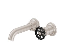 2 Hole, Single Handle Wall Faucet, Industrial Black Wheel Handle