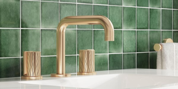Jalama Widespread Sink Faucet, Rivulet Texture Intaglio Handles in Satin Brass