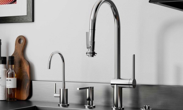 Contemporary Curving Spout, Pull Down Kitchen Faucet with Squeeze Trigger, Sleek Lever Handles