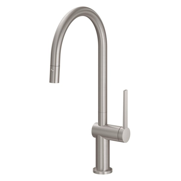 Tall Curving Spout, Pull-down Spray with Push Button, Tall Lever Handle