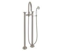 Traditional Curving Spout, Tear Drop Cross Handles, 2 Leg Freestanding Tub Filler with Handshower