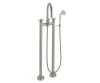 Traditional Curving Spout, Tear Drop Cross Handles, 2 Leg Freestanding Tub Filler with Handshower