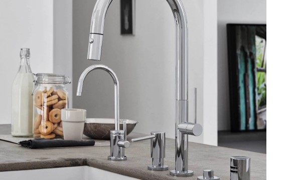 Poetto Pull Down Kitchen Faucet with Push Button Trigger, Sleek Post Handles