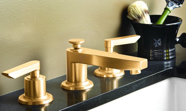 Modern Lever Handle Sink Faucet with Low Spout, Shown in Gold