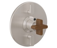 Round Trim Plate, Dual Lever, Teak Cross Handle, 2 Smaller Controls
