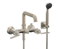 Short Squared Spout Wallmount Tub Filler with Handshower on a Hook, Lever Handle