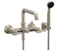 Short Squared Spout Wallmount Tub Filler with Handshower on a Hook, Blade Handle