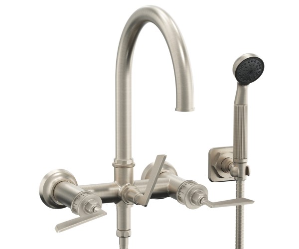 Tall Curving Spout Wallmount Tub Filler with Lever Handle, Handshower on a Hook