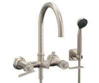Tall Curving Spout Wallmount Tub Filler with Handshower on a Hook, Lever Handle