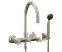 Tall Curving Spout Wallmount Tub Filler with Handshower on a Hook, Blade Handle