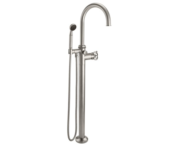 Curving Spout, Wheel Handle Single Hole Freestanding Tub Filler with Handshower