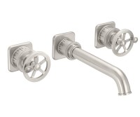 Wall Faucet, Square Base, Long Tubular Spout, Wheel Handles