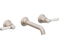 Long Spout 2 Handle Wall Sink Faucet, White Lever Handles